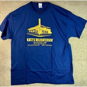 Vintage Katz's Delicatessen T Shirt Deli Send a Salami Boy Army Blue Size XL